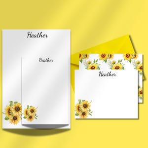 Ensemble de papeterie personnalisée à motif tournesols : cartes de correspondance plates et bloc-notes personnalisés pour des cadeaux et l'écriture de tous les jours