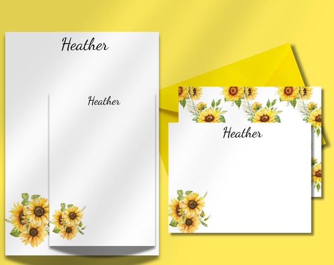 Personalized Stationery Set with Sunflowers Design: Custom Flat Notecards and Notepad for Gifts & Everyday Writing