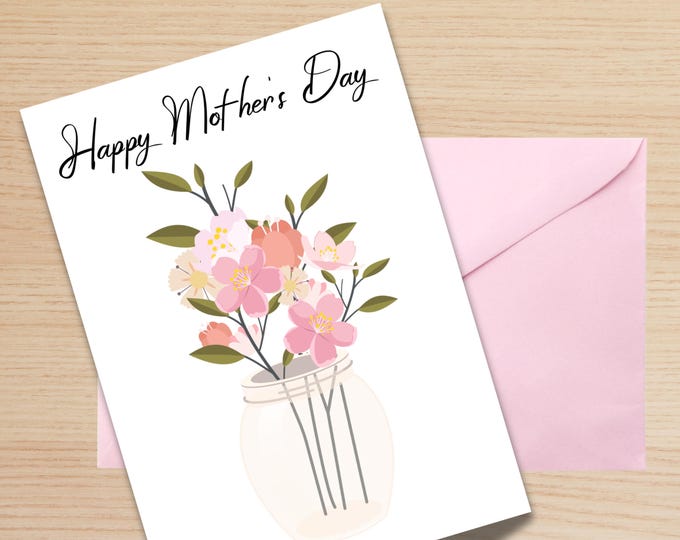 Mother’s Day Card Folded, Watercolor Flowers Design ,5x7 High Quality Cardstock, Greeting with Envelope Perfect Mom Gift