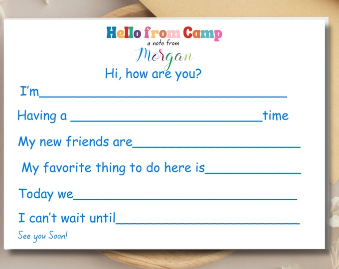 Personalized  Hello Camp Notecard /Flat Notecard for kids/ Summer Camp for girl/Hello camp for boy/custom name/ Hello Camp