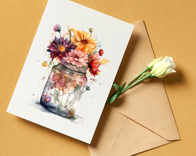 Set 5 Notecard Wildflowers with Envelope Mason Jar watercolor card Botanical Elegance stationery for gift Thank you greeting card