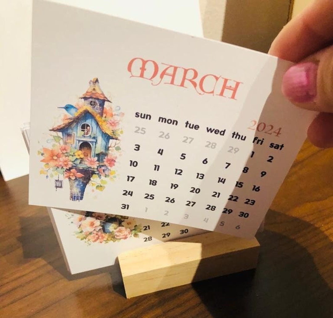 2024 Mini Desk Calendar With Oak Wood Stand Featuring Etsy