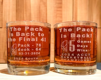 NCSU 2024 Rock's Glass Collector's Set, "5 victorias" y "Final 4", baloncesto estatal y universitario