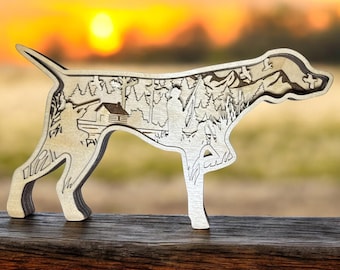 Perro de caza, pointer, labrador retriever, escena de caza, obra de arte cortada con láser, 7 capas