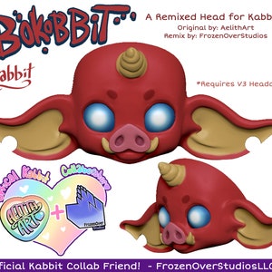 Puede incluir: Un modelo 3D rojo de una cabeza de Kabbit con un cuerno, ojos azules y un hocico rosa. El texto "BOBBIT Kabbit" está en la esquina superior izquierda de la imagen. El texto "A Remixed Head for Kabbit! Original by: AelithArt Remix by: FrozenOverStudios *Requires V3 Headcap Official Kabbit Collab Friend! - FrozenOverStudiosLLC" está en la esquina superior derecha de la imagen.