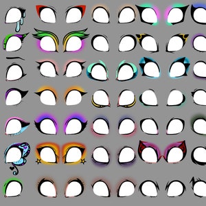 Puede incluir: Un conjunto de 40 ilustraciones digitales de ojos de dibujos animados con varios colores, formas y estilos. Los ojos son todos blancos con contornos negros y diferentes acentos de colores.