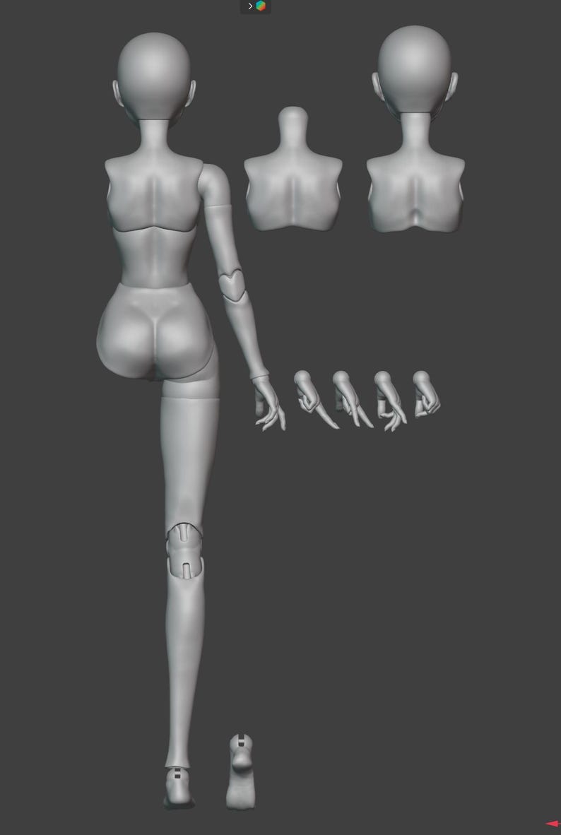 May include: A grey, articulated doll figure, disassembled into parts. The figure includes a head, torso, arms, hands, legs, and feet. The parts are arranged against a grey background, showcasing the doll's design and construction.