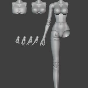 May include: A grey, articulated doll figure with multiple interchangeable parts, including heads, torsos, hands, and legs. The doll has a detailed, realistic design, with a heart-shaped detail on the knee.