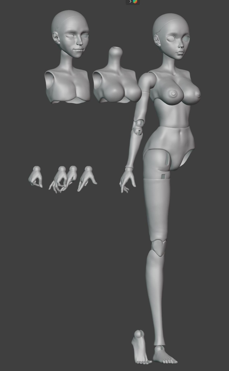 May include: A grey articulated doll figure with interchangeable parts, including heads, torsos, hands, and feet. The doll is in a standing pose, with a detailed, smooth surface.
