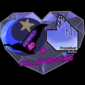 May include: A heart-shaped graphic with a geometric design, featuring a crescent moon, star, and bat silhouette. Text includes "AZRAEN 3D", "FrozenOver Studios", and "COLLABORATION" in a vibrant color palette of purple, blue, and pink.