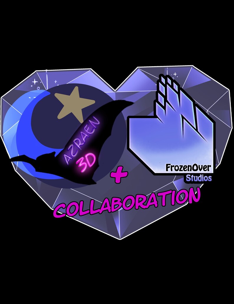 May include: A heart-shaped graphic with a geometric design, featuring a crescent moon, star, and bat silhouette. Text includes "AZRAEN 3D", "FrozenOver Studios", and "COLLABORATION" in a vibrant color palette of purple, blue, and pink.