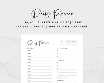 May include: A black and white printable daily planner with sections for schedule, top priorities, to-do list, meal planning, water intake, notes, and reflection. The planner is designed for A4, A5, US Letter, and half-size paper.