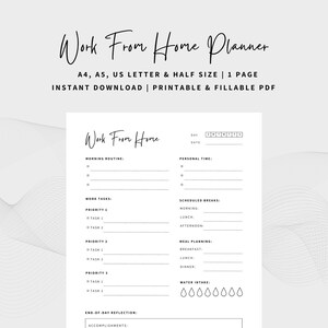 Work From Home Planner | Personal Daily Planner | Productivity Planner | Work Task Planner | Instant Download | A5/A4/Letter/Half Letter
