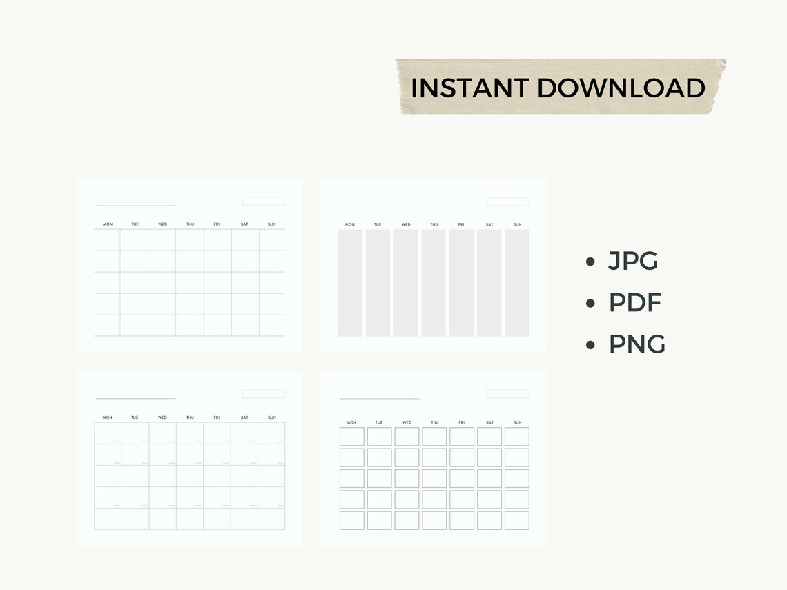 Blank Calendar, Printable Calendar, Minimal Calendar, Simple Calendar ...