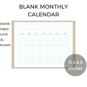 Blank Calendar, Printable Calendar, Minimal Calendar, Simple Calendar, Instant Download, Template Calendar