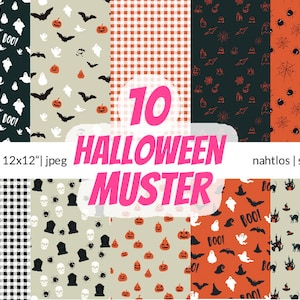 May include: Ten digital paper patterns featuring Halloween themes. The patterns include ghosts, bats, pumpkins, spiders, tombstones, witches hats, and more. The patterns are seamless and can be used for a variety of projects.
