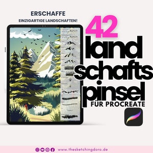 Könnte beinhalten: Ein digitales Tablet zeigt eine Illustration einer Berglandschaft. Der Text "ERSCHAFFE EINZIGARTIGE LANDSCHAFTEN!" befindet sich oben auf dem Bildschirm. Der Text "42 landschaftspinsel FÜR PROCREATE" befindet sich rechts auf dem Bildschirm. Das Procreate-App-Symbol befindet sich unten rechts.