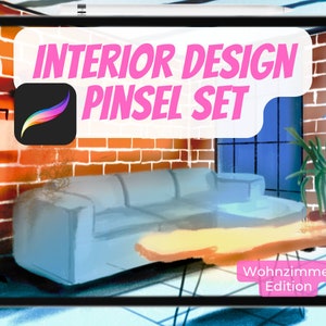 Könnte beinhalten: Eine digitale Illustration eines Wohnzimmers mit einer Couch, einem Couchtisch und einer Topfpflanze. Der Text "INTERIOR DESIGN PINSEL SET" und "Wohnzimmer Edition" ist auf dem Bild zu sehen.