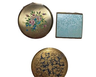 Vintage Compact Powder x3 Round Floral Design Signed Square Gold Mirrors Makeup