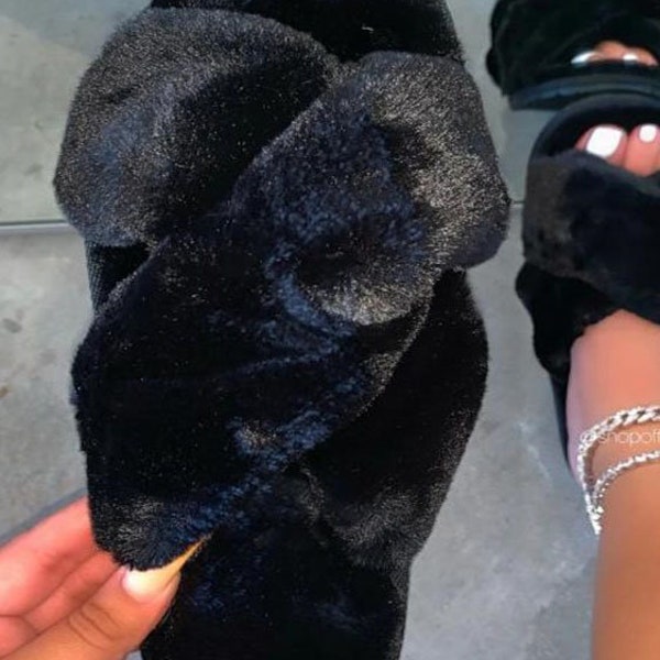 fuzzy black slippers