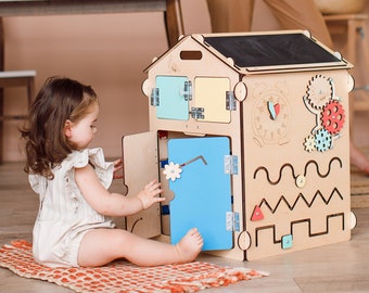 Busy house. Toddler busy board. Montessori materials. Sensory board. Busy box. Busy cube. Fidget toys