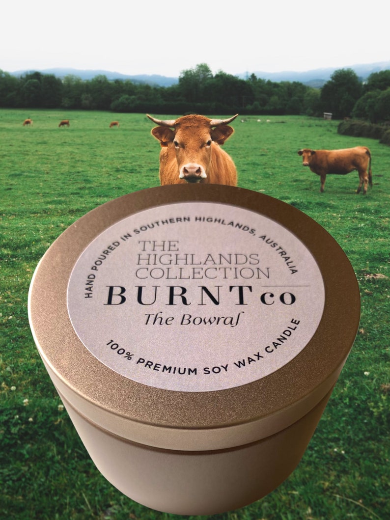 Puede incluir: Un bote de vela redondo, con borde dorado, que muestra el texto "BURNT Co" y "The Bowraf" en su etiqueta. La etiqueta tambi&eacute;n indica "100% Premium Soy Wax Candle". El fondo muestra un campo verde con vacas.