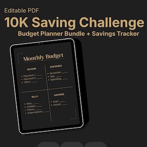 May include: A digital budget planner bundle with the text "10K Saving Challenge" and "Monthly Budget" displayed on a tablet screen. The planner includes sections for income, expenses, bills, and savings. The image also includes the words "Printable", "Instant Download", and "iPad Friendly".