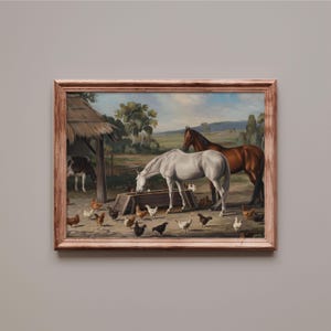 Rustic Farmhouse Art Print: Serene Barnyard Scene with Horses, Chickens, and Countryside Charm - Perfect for Country or Farmhouse Decor