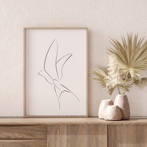 Impresión de arte lineal minimalista de pájaro: póster digital de pájaro volador en blanco y negro, decoración de pared moderna y elegante, obra de arte inspirada en la naturaleza para el hogar