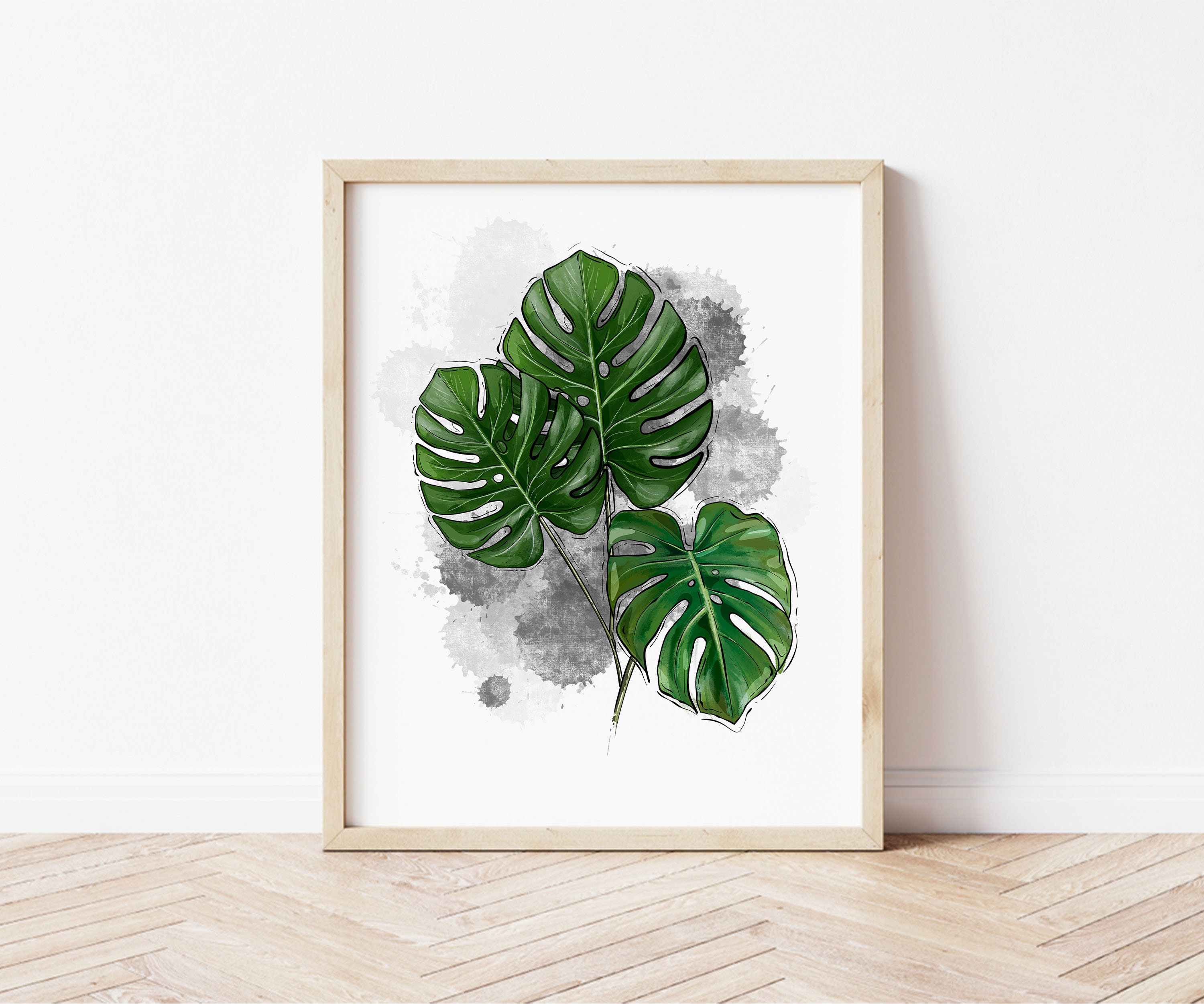 Monstera Leaves Drawing Leaf Wall Printable Art Tropical Green Art ...