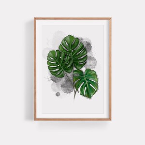 Monstera Watercolor Wall Art, Botanical Leaf Print, Tropical Decor, Minimalist Plant Poster, Greenery Digital Art, Boho Bed Room Wall Decor