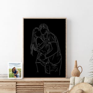 Personalized White Line Art Print, Portrait from Photo, Black Back, Custom Couple Portrait gift, Ptintable Drawing, Anniversary Wall Pritn