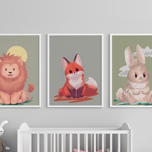 Fox, Lion, Bunny Nursery Wall Art Set - Cute Pastel Animal Cartoon Prints - Kids Room Digital Download - Woodland Jungle Animal Poster Trio