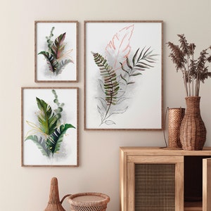 Watercolor Leaves Printable Wall Art  Botanical Leaf  Green Monstera Livingroom Decor | Bathroom Home Gift Original Artwork | Gold