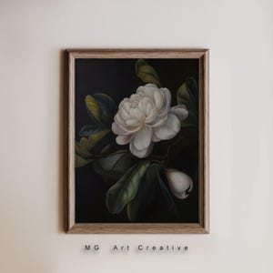 Elegante witte magnoliakunstprint - tijdloze botanische digitale download - minimalistische bloemenmuurkunst voor modern en rustiek interieur