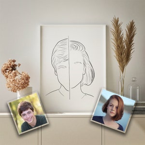 Custom Half Face Line sketch Portrait, Family Portrait, Personalized Anniversary Gift, Couple gift, Printable Watercolor art