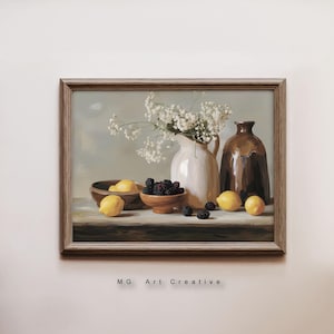 Rustic Fruit and Flower Still Life Art Print - Lemon and Blackberry Decor with White Pitcher - Farmhouse Kitchen Wall Art, Country Home Art