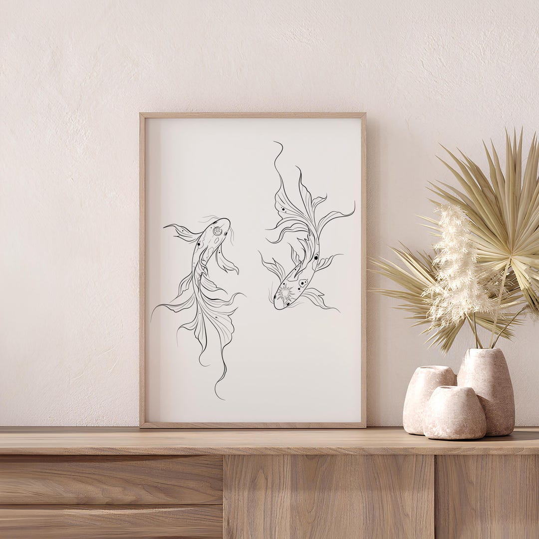 Koi Fish Line Art Print, Japanese Koi Tattoo Design, Zen Minimalist ...