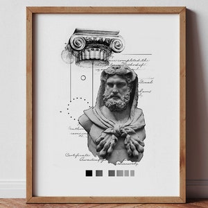 Klassieke buste Art Print - Grieks en Romeins monochroom muurdecor, digitale download, Korinthische zuilontwerp, historische beeldhouwkunst voor thuis
