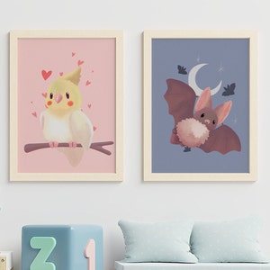 Cockatiel and Bat Wall Art - Cute Animal Digital Prints for Nursery - Pastel Bird and Bat Decor - Kids Room Woodland-Themed Artwork Download