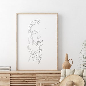 Minimalist Woman and Flower Line Art Print - Abstract Portrait Sketch, Modern Black-and-White Digital Artwork, Feminine Wall Decor for Home