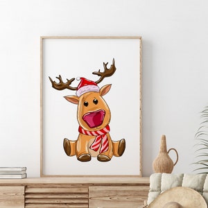 Cute Reindeer Christmas Wall Art - Holiday Digital Print - Festive Santa Hat Reindeer Design for Kids Room or Holiday Decor