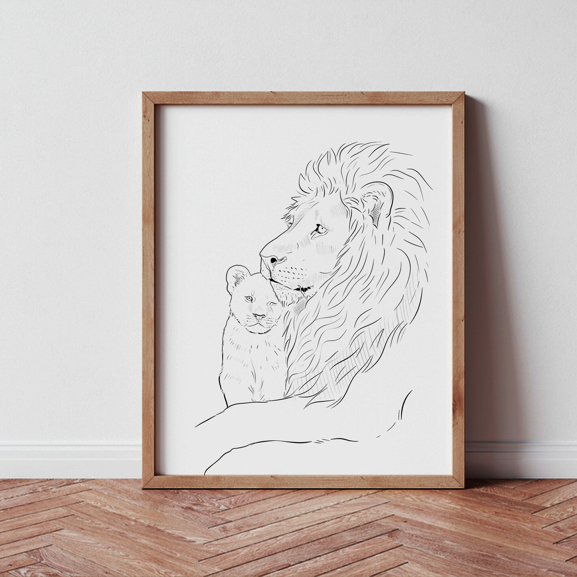 Line Art Lion Family Lion Wall Art Print Decor Lion Father Etsy