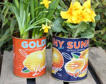 Orange & Lemon Sunburst Storage Tins ~ Vintage Reproduction Fruit Tin Design - Decorative Display Can ~ Set Of 2