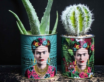 Frida Kahlo Retro Tin Cans / Mexican Planter / Vintage Tins / Kitchen Planters ~ Decorative Frida Soup Blue Turquoise & Green - Set of Two