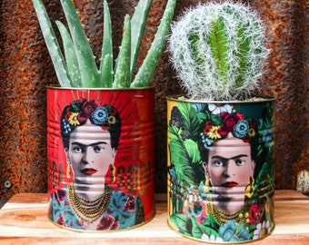 Frida Kahlo Retro Tin Cans / Mexican Planters / Vintage Tins / Kitchen Planters ~ Decorative Frida Soup Red and Yellow - Set of Two