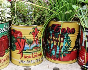 Retro Mexican/Spanish Tins - Chilli & Paprika Tin Can Planter, Kitchen Utensils, Decorative Storage Display Can ~ Vintage Design - Set Of 2