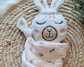 Doudou Baby Lama, Lovely Floral Blanket Lama, Muslin Security Blanket, Boho baby Blanket, Organic Cotton Animal Blanket, Infant soft Toy