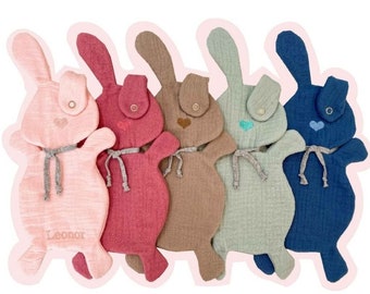 Doudou Bunny Pacifier Holder, Lovely Blanket, Muslin Security Blanket, Boho baby Blanket, Organic Cotton Animal Blanket, Infant soft Toy