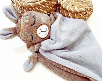 Doudou Baby Lama, Lovely Blanket Lama, Muslin Security Blanket, Boho baby Blanket, Organic Cotton Animal Blanket, Infant soft Toy